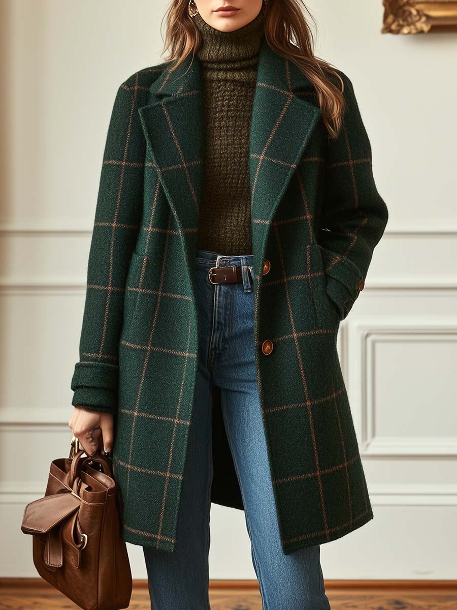 Aubrey | Women's Tweed Coat - Check Print, Lapel